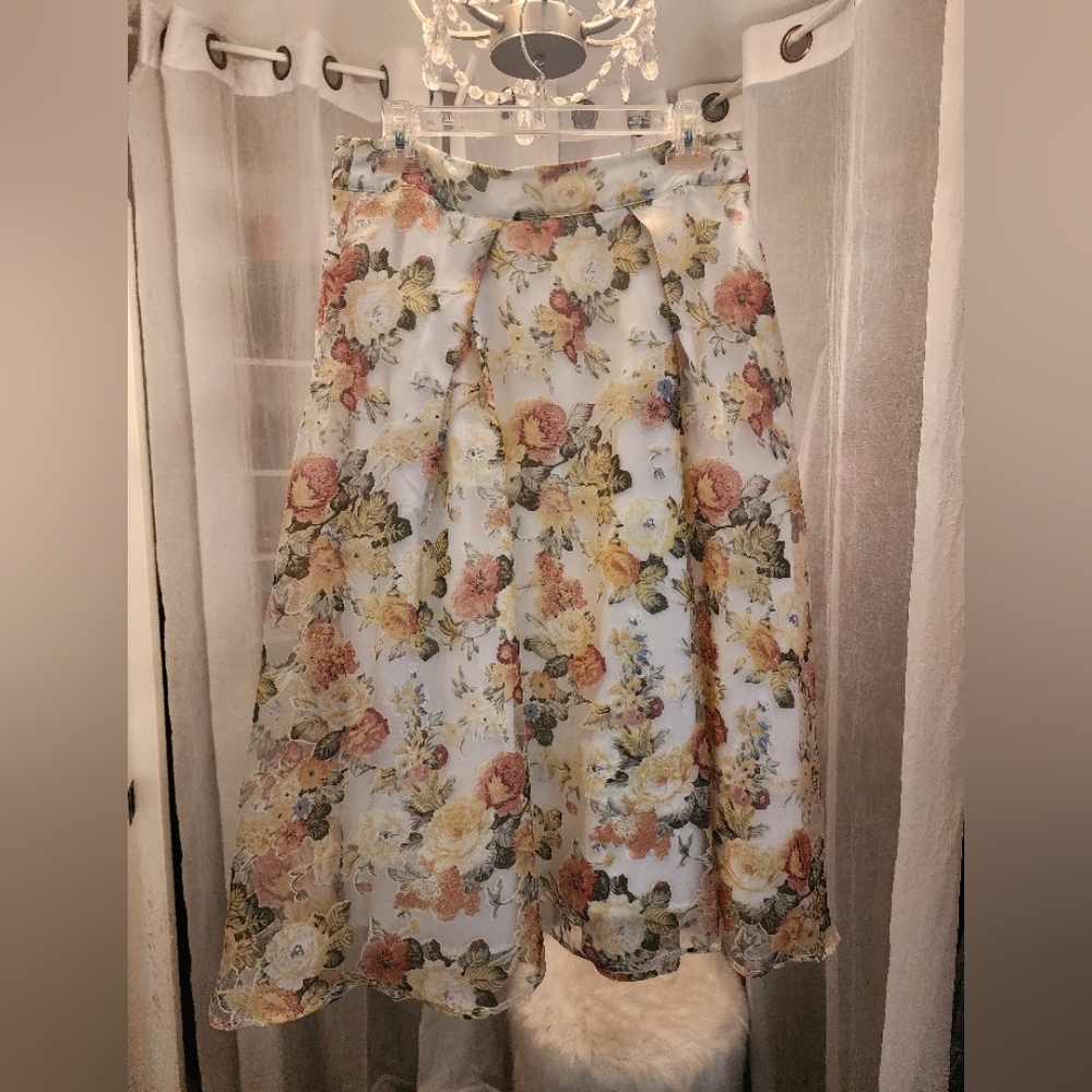 Gracia Blue Pink Floral Midi Skirt A-Line High-Low Cocktail
